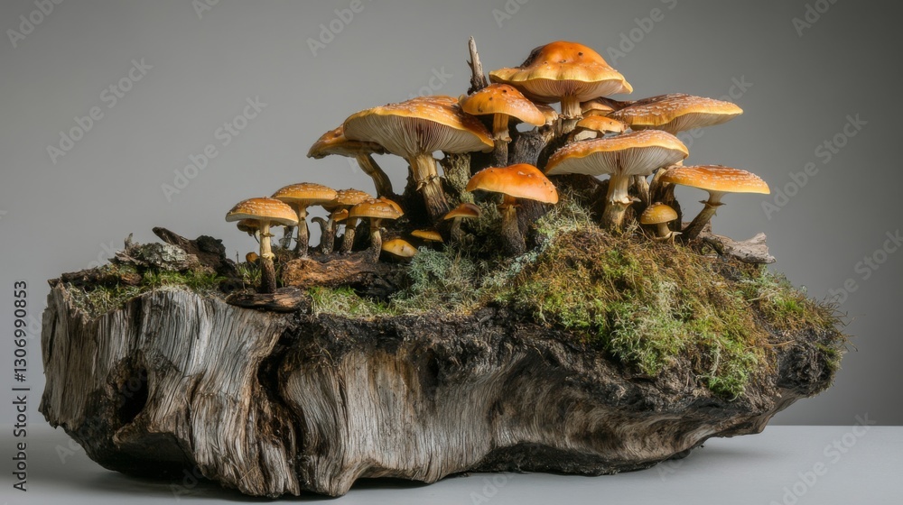 Poster a mushroom family growing together on a decaying tree stump, creating a rustic feel.