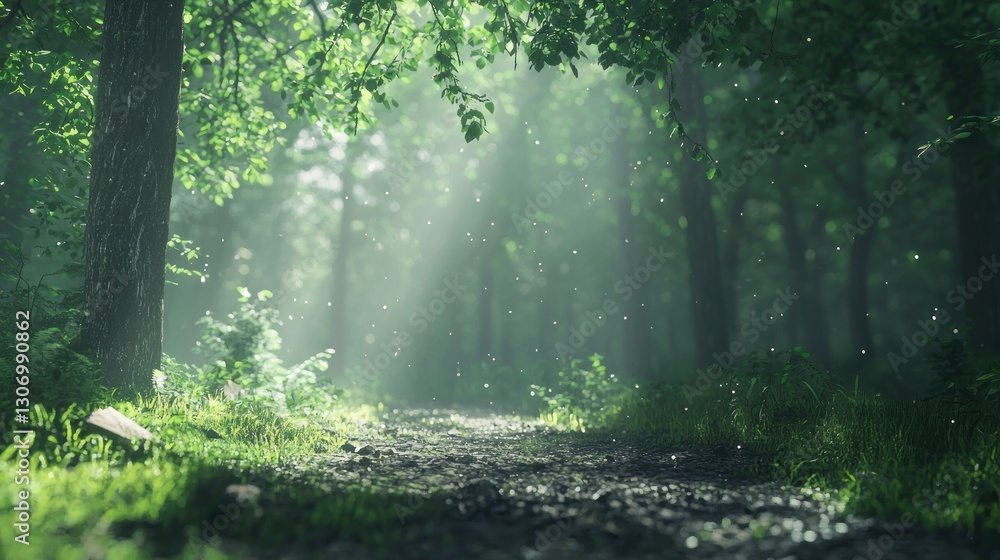 Poster sunlight penetrates through leaves on a forest path creating a dreamy scene