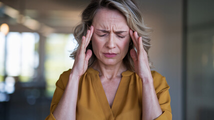 Fototapeta premium Close-up of woman with blond hair, wearing yellow blouse, experiencing headache, hands on temples, depicts stress, discomfort, and pain