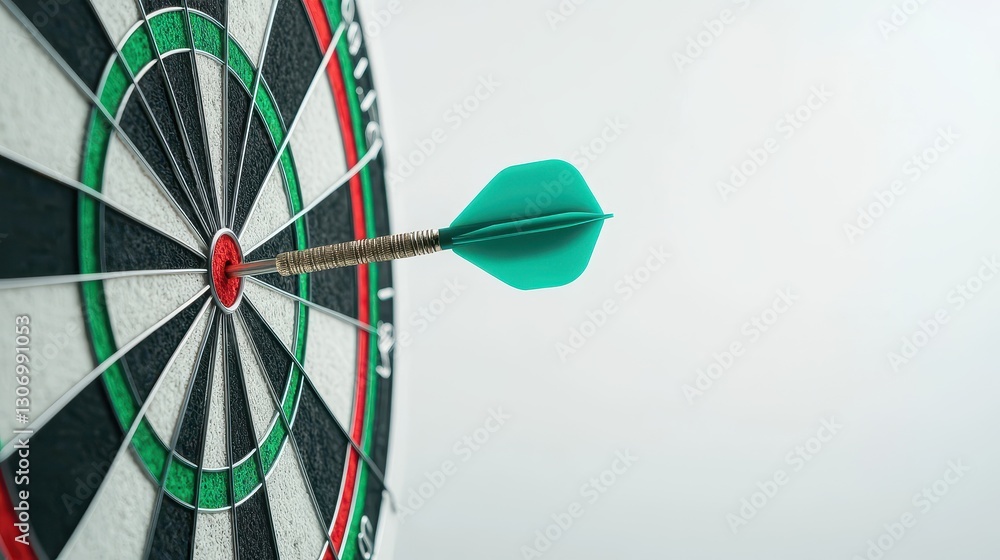 Poster close-up view of dartboard with brightly colored dart in center of target for game and sports themes