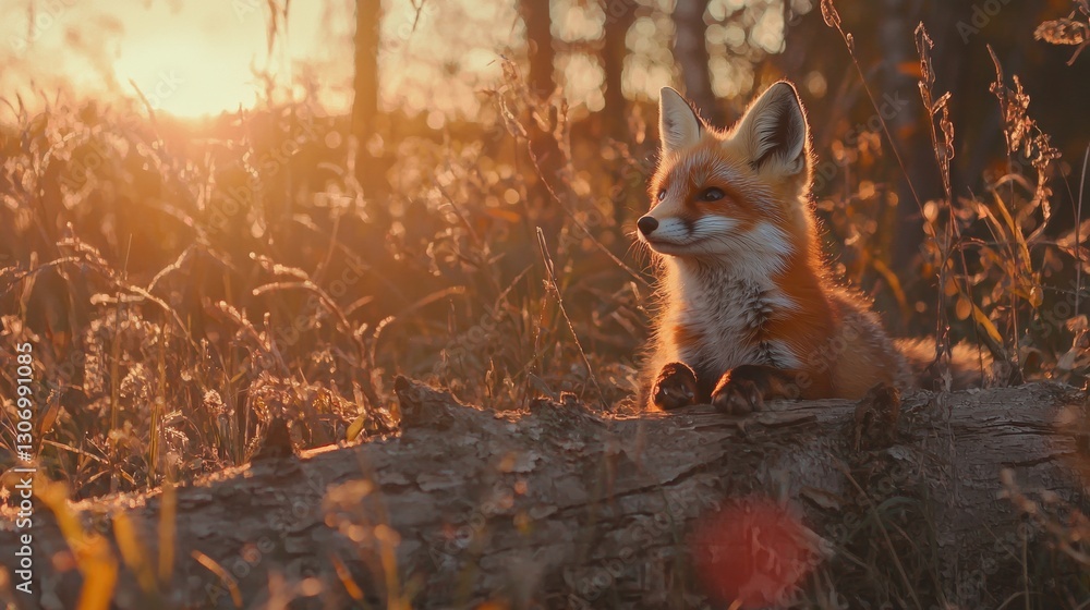 Poster photograph of a young fox sitting on a log in a field. the fox is looking towards the right side of 