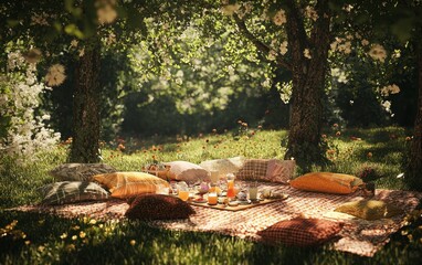 Fototapeta premium Spring picnic setup on a lush green meadow