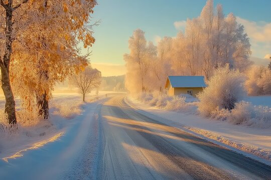 A charming countryside road lined with frost-covered autumn trees glowing in the morning sun.