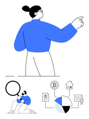 Professional analyzing financial data with magnifier, person strategizing, flow linking chart, pie chart, home loan, and certification. Ideal for finance, blockchain, data strategy planning