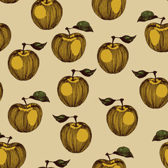 Seamless pattern with apple on color background. Natural delicious fresh ripe tasty fruit. Vector illustration for print, fabric, textile, banner, design. Stylized apples with leaves. Food concept.