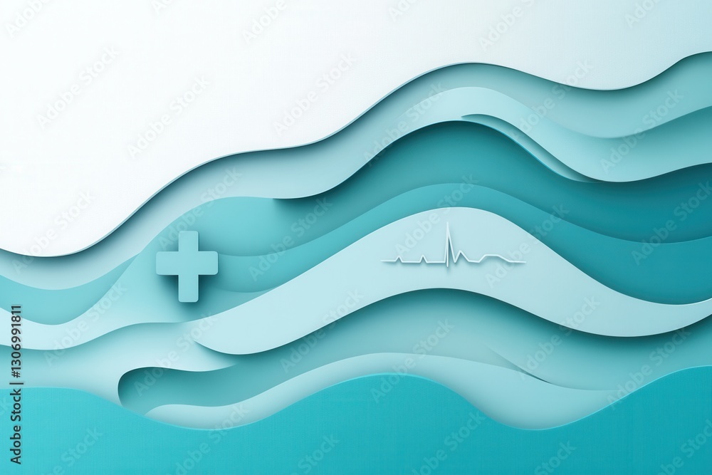 Poster calming layered paper art background with medical symbols in blue and teal tones generative ai