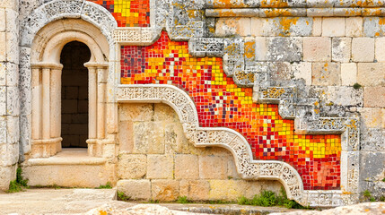 Colorful mosaic detail on ancient stone wall, arched doorway, outdoor, historic building background, architectural texture