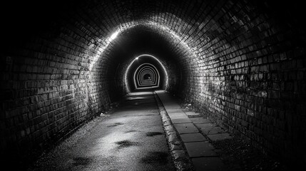 Tunnel with brick walls and lit exit for travel or escape use