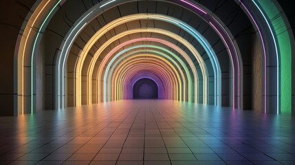 3D render of colorful light lines forming an archway in the center of an empty room with a reflective concrete floor, glowing lights, and colorful light waves. 