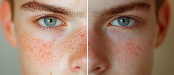 Two face halves showing a before and after freckles and skin spots removal