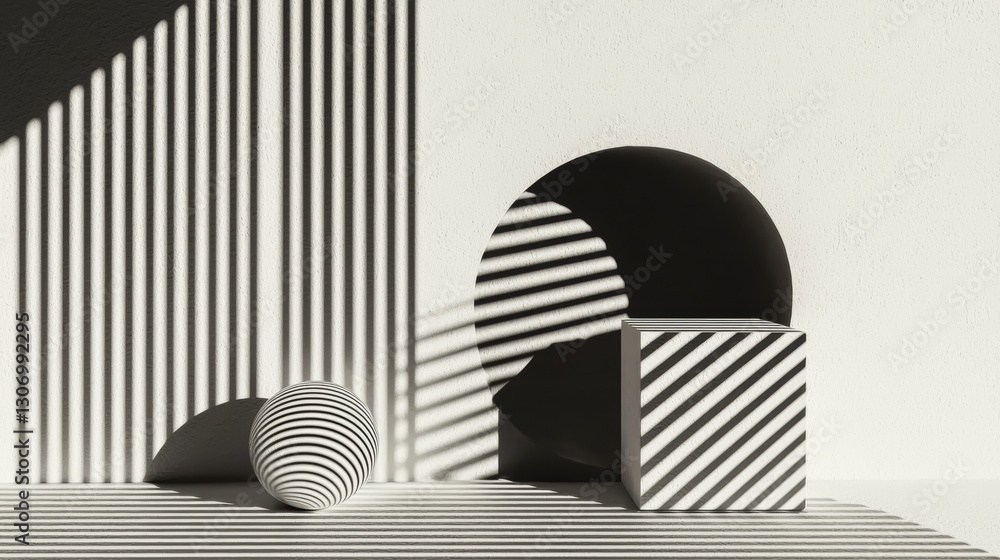 Poster black and white photograph of a modern abstract composition. the background is a plain white wall wi