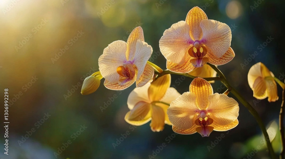 Poster a scenic view of orchids blooming naturally on a tree in a botanical garden.