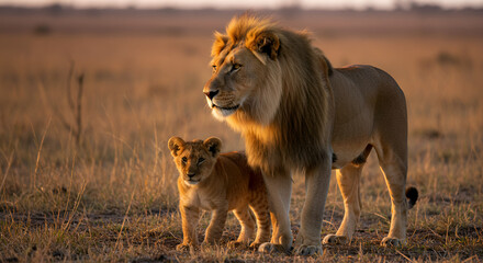 Naklejka premium lion in the savannah, Majestic Lions