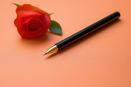 A beautiful red rose and a writing pen on a peach surface