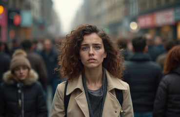 Worried woman walking busy street in city. Mental health problems concept. Sad, depressed person among crowd. Psychology, solitude, fear concepts. Woman panic disorder outdoors. Emotional distress