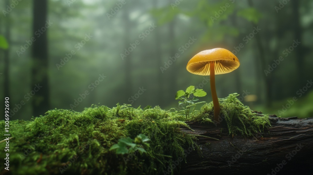 Poster a single mushroom emerging from a mossy log in a misty woodland.