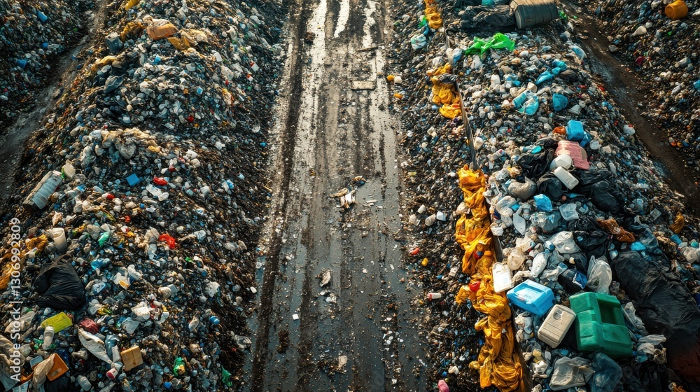 Poster aerial view of a landfill, showing heaps of waste and a muddy path between piles of garbage, highlig