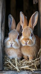 Obraz premium Two rabbits in wood structure with hay, for farm or pet care