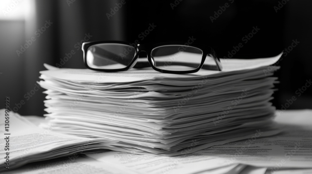 Fototapete a stack of official documents neatly arranged on a desk with reading glasses on top.