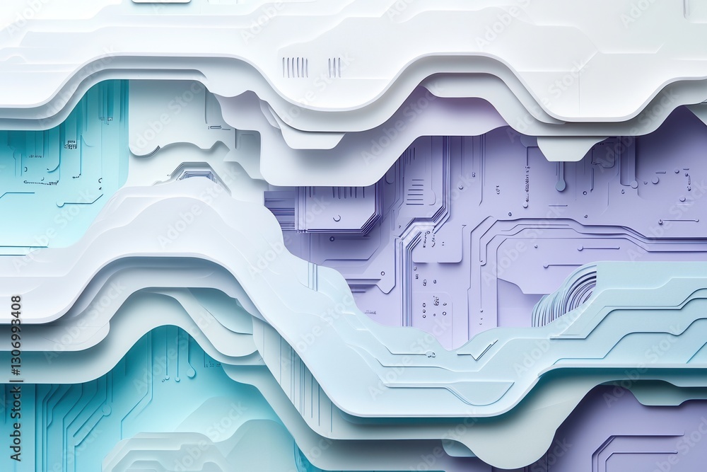 Aufkleber Futuristic layered paper art background showcasing digital circuits with soft shadows in cool tones of blue, purple, and gray Generative AI