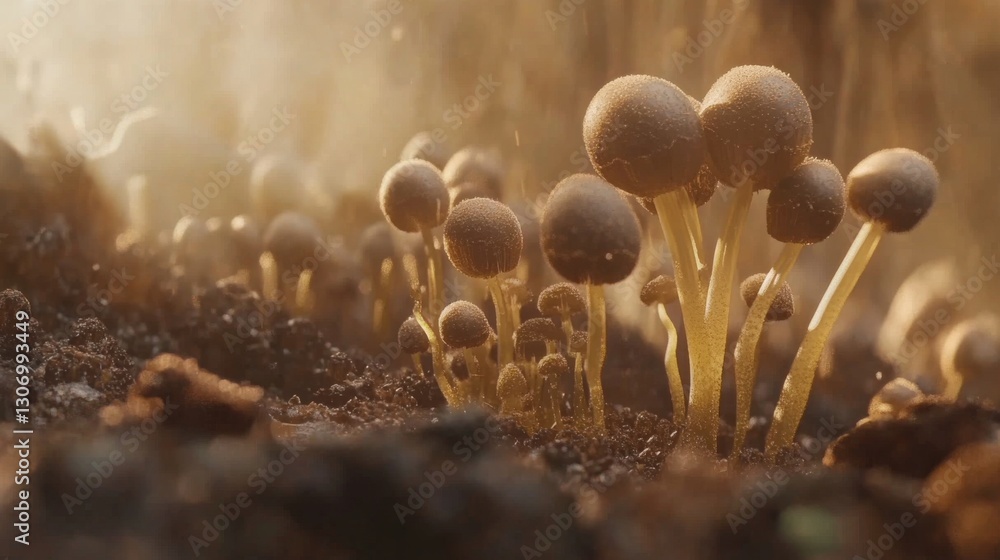 Poster a time-lapse effect of mushrooms sprouting from the ground, showing their growth.