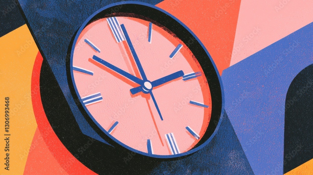 Poster illustration of a clock with a round face. the clock has a pink background with blue hands and numbe