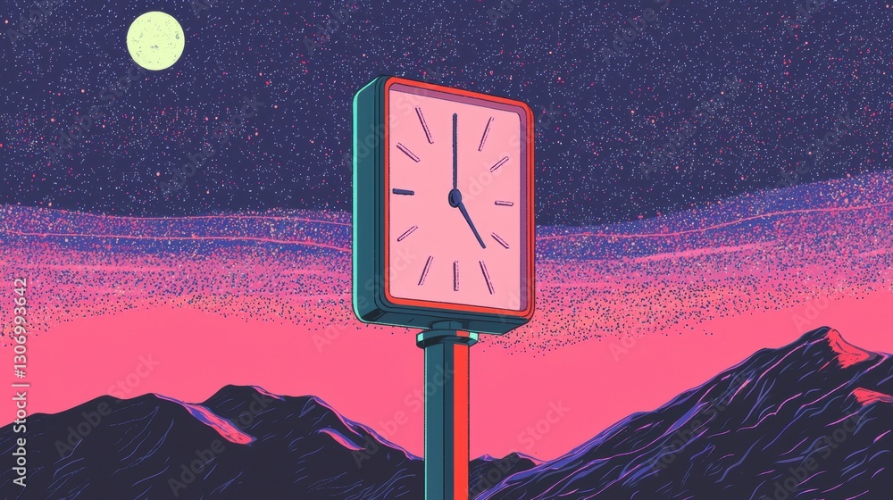 Poster illustration of a clock on a pole in the middle of a mountainous landscape. the clock is square in s