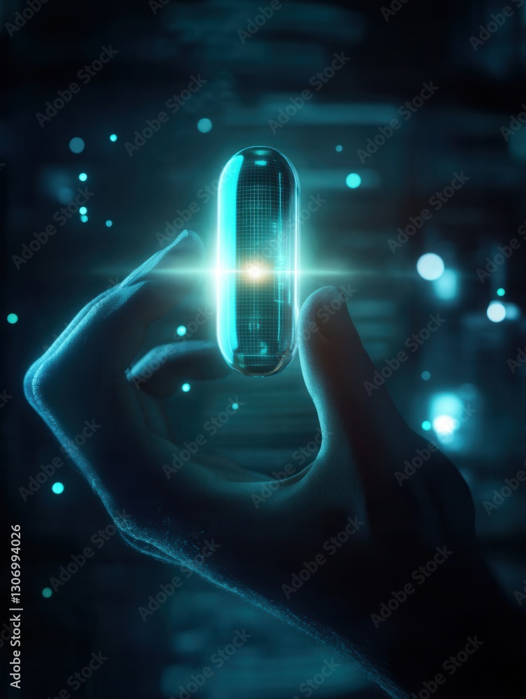 Poster glowing capsule held in darkness with medical holograms and futuristic design generative ai