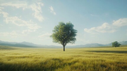 Fototapeta premium A tranquil open field with tall grass and a single tree standing in the middle.