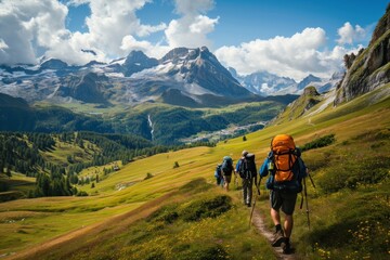 Obraz premium People hiking photo backpacking mountaineering togetherness.