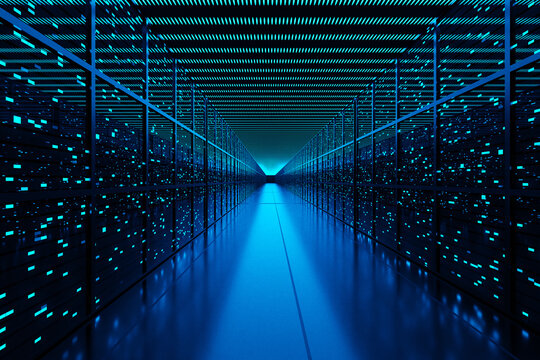 Server racks full of routers, switches and servers aligning on both sides of an aisle of a data center. Illustration of the concept of cloud computing and infrastructure as a service (IaaS)