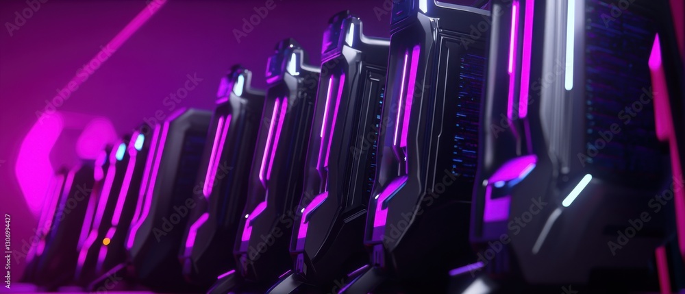 Poster row of futuristic server racks with neon purple lights in a data center concept of cloud computing, 