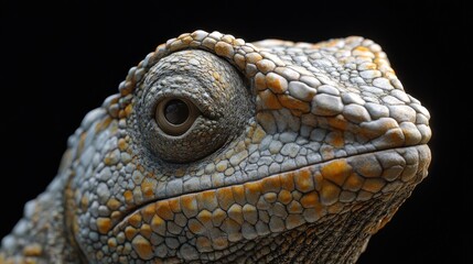 Fototapeta premium Close-up chameleon portrait, dark background, reptile detail, nature photography, wildlife