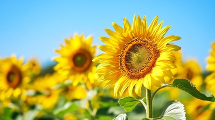 A vibrant sunflower field in full bloom under a clear blue summer sky.