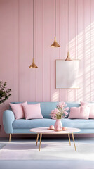 A blue sofa, pink walls, and pastel colors, with gold accents
