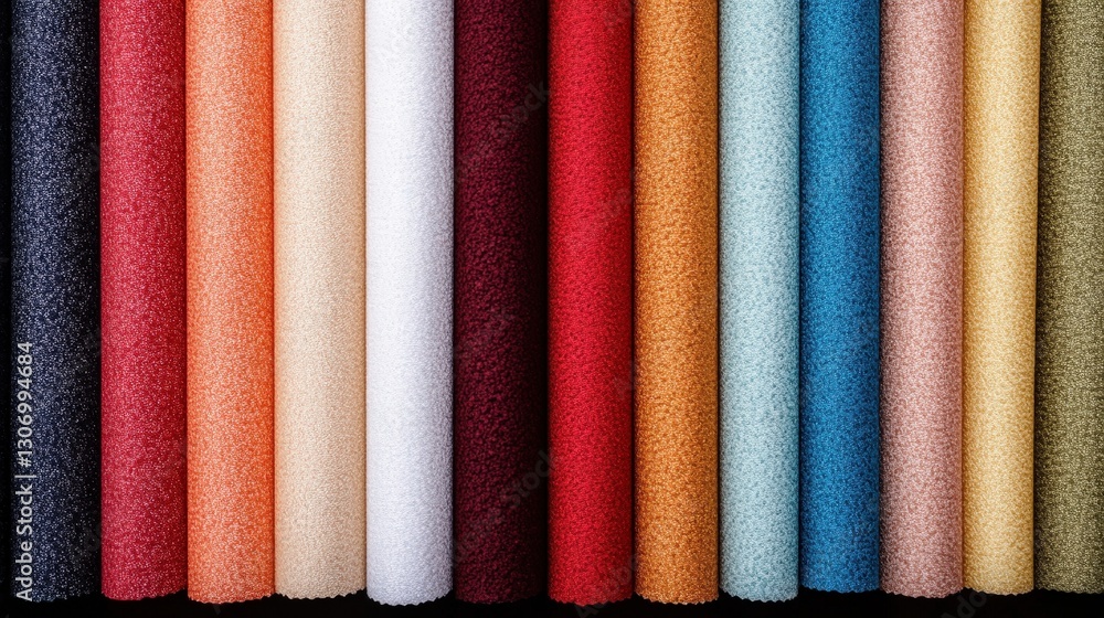 Poster a vibrant display of colorful fabric rolls lined up neatly, showcasing a variety of textures and sha