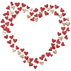 Glittering Hearts: An arrangement of glittery red and gold hearts, forming a larger heart shape, conveys feelings of affection, passion, and love.