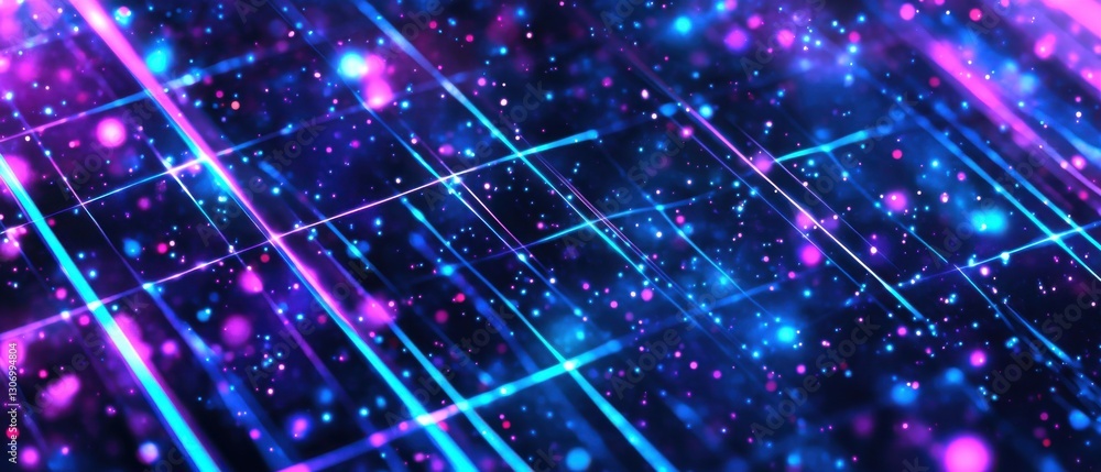 Poster abstract neon light trails with glowing particles on dark background concept of futuristic technolog