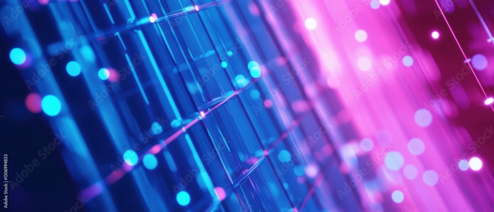 Poster abstract blue and pink light streaks with bokeh, representing futuristic technology and data flow in