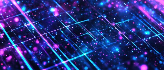 Fototapeta premium Abstract neon light trails with glowing particles on dark background Concept of futuristic technology, data stream, and digital network