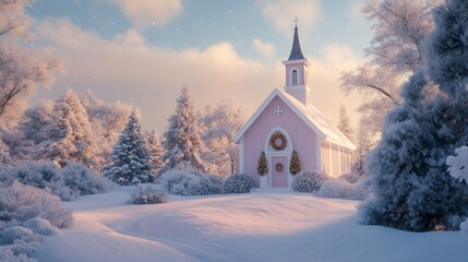 A snow-covered church with a wreath on the door, peaceful and seasonal, ultra-detailed, 8k
