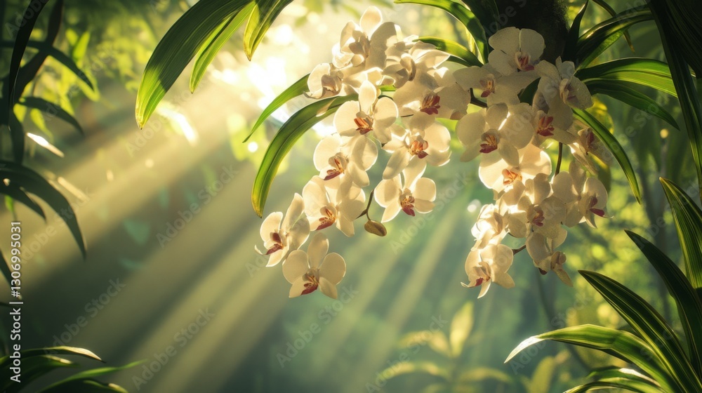 Poster Exotic orchids draping from a tree, with soft sunlight filtering through the canopy.