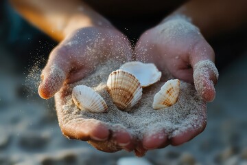 A close-up of hands carefully dusting off sand from fragile seashells.