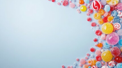 Candy Carnival: An explosion of vibrant candies in various shapes, sizes, and colors cascades across the frame, creating a playful and delightful visual feast.