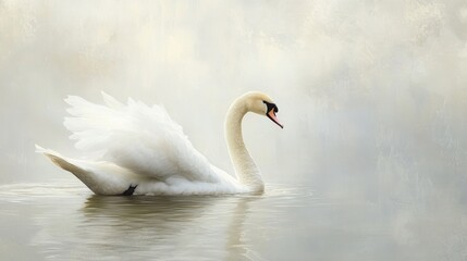 Obraz premium Elegant White Swan Gliding Gracefully on Serene Water Surface Amidst Soft Misty Background Creating a Tranquil Scene of Natural Beauty