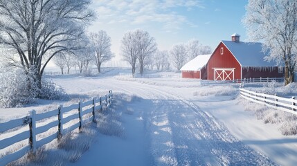 A snow-covered farm with a red barn and white fences, peaceful and idyllic, ultra-detailed, 8k