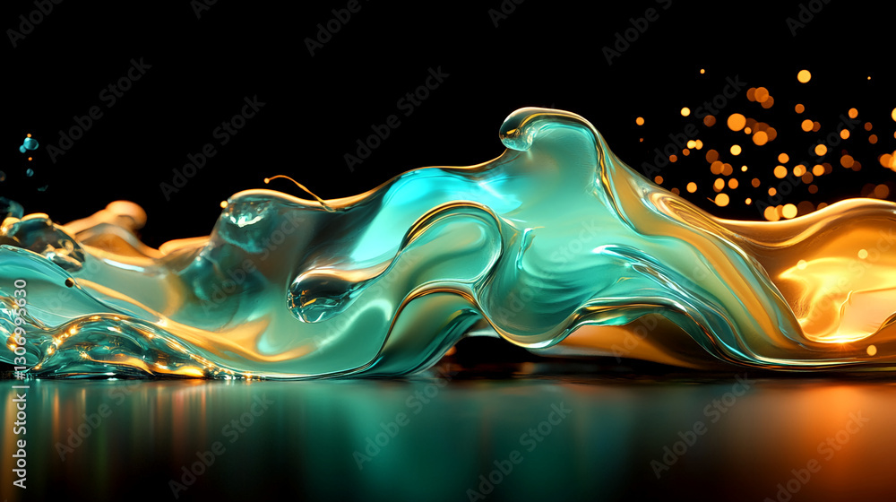 Poster Teal and amber liquid forms flowing waves, creating an abstract, dynamic composition against a black backdrop, suggesting fluidity, energy, and luxury