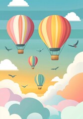 Colorful hot air balloons float above clouds at sunset