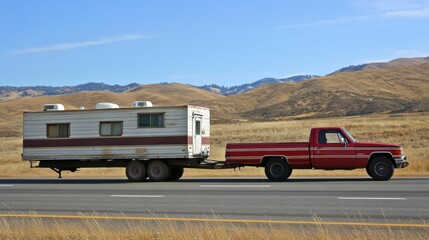 Truck Pulling Trailer on California Freeway - Motor Home Journey on Interstate Highway