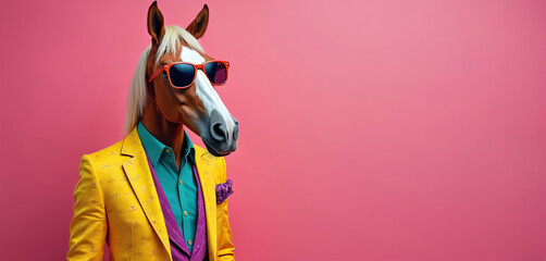 AI generated cool horse portrait in funky fashion design yellow jacket, turquoise shirt and violet scarf, wearing sunglasses. Stylish trendy animal concept on vibrant pink background with copy space.